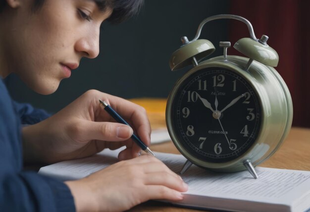 Un réveil avec des livres sur la table d'un élève faisant ses devoirs à la maison en gros plan