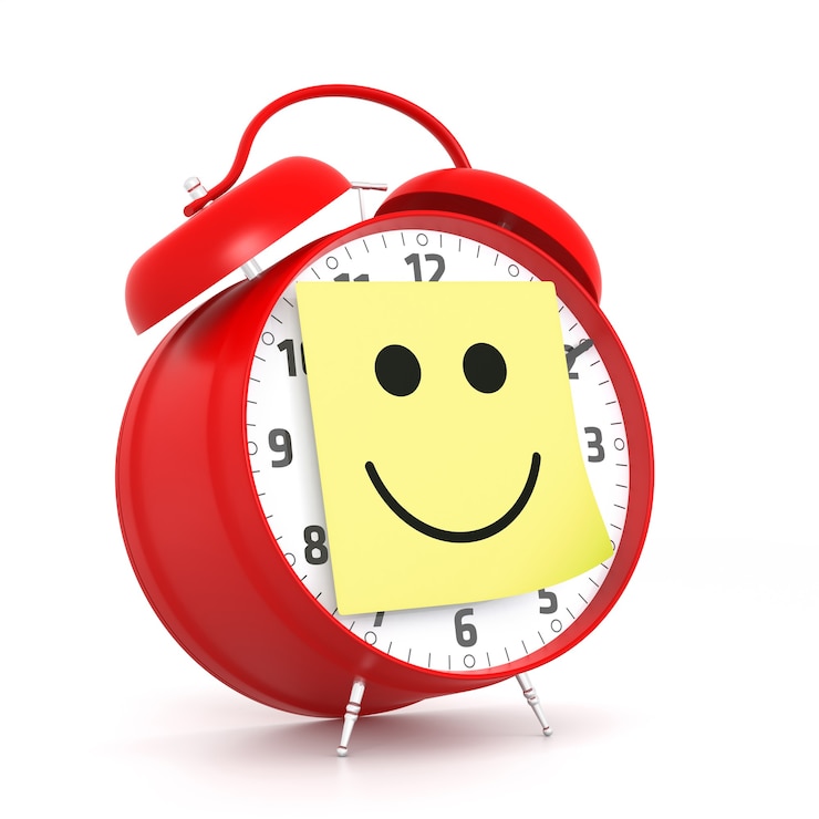 Photo réveil rouge avec symbole souriant rendu 3d collant jaune