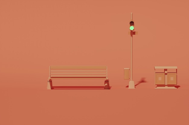 réverbère et banc de parc sur la couleur orange, fond d'été chaud. Composition créative. Lumière arrière