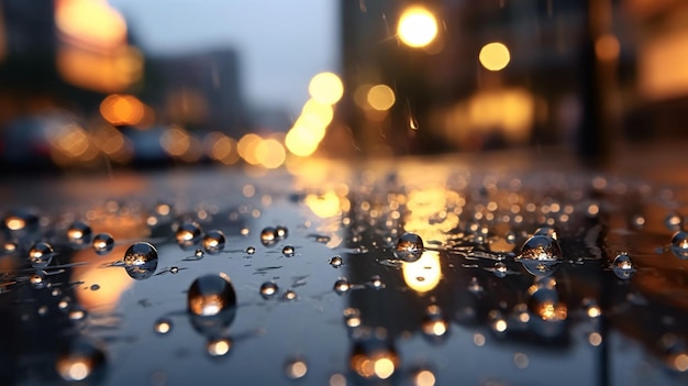 Un réverbère brille sur une flaque de pluie.