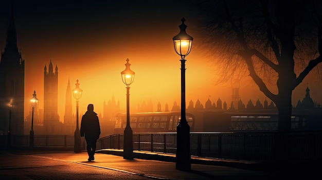 Réverbère gothique doux sur le pont de Westminster encadré par un bus londonien flou et une personne au milieu du coucher du soleil d'été qui s'estompe