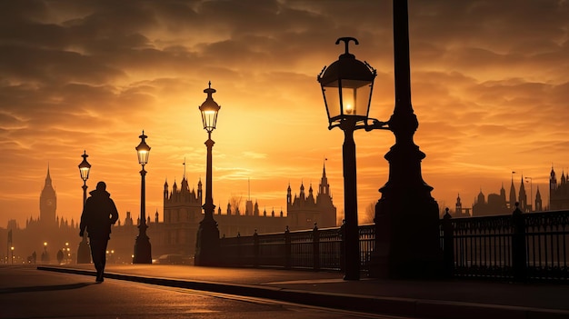 Réverbère gothique doux sur le pont de Westminster encadré par un bus londonien flou et une personne au milieu du coucher du soleil d'été qui s'estompe