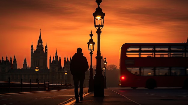 Réverbère gothique doux sur le pont de Westminster encadré par un bus londonien flou et une personne au milieu du coucher du soleil d'été qui s'estompe