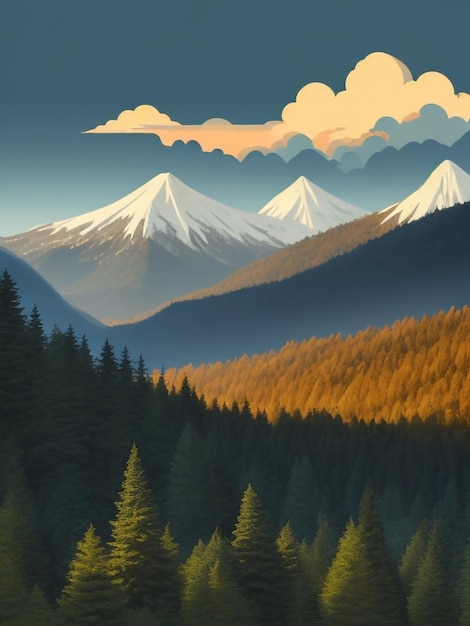 La rêverie du matin Paysage de montagnes réalistes dans le style pastel