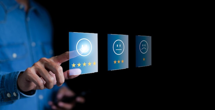 Photo révision de la satisfaction du client rétroaction concept d'enquête homme d'affaires choisissant sur l'icône du visage souriant heureux pour donner la satisfaction dans l'évaluation du service très impressionné rétroaction positive rétroaction meilleure qualité