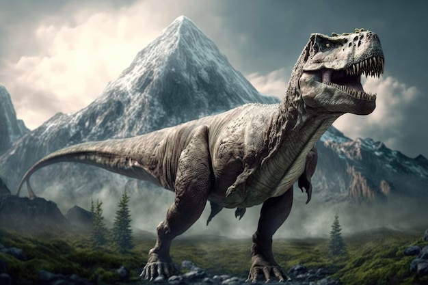 Rex du genre de dinosaure Tyrannosaurus sur une montagne