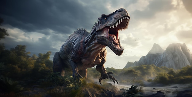 Photo rex se tenait sur un crâne de t-rex sur une île.