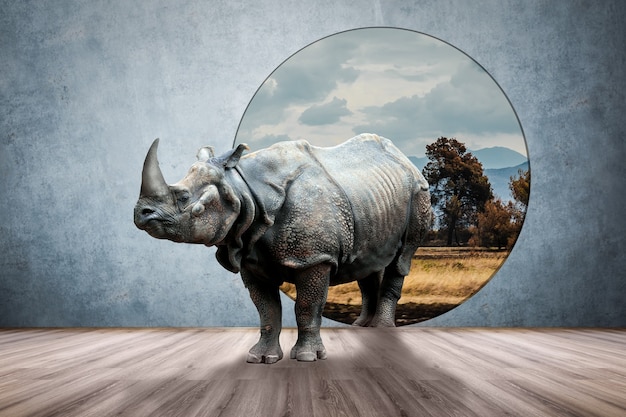 Rhino dans la salle, concept créatif mixte photo et média