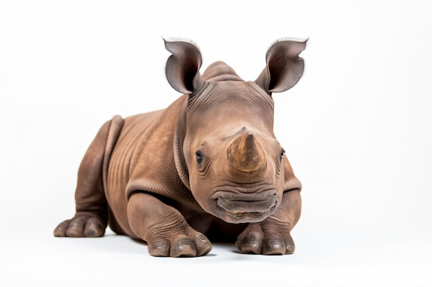 un rhinocéros allongé sur une surface blanche