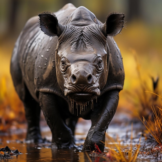 un rhinocéros avec un bâton dans la bouche et une marque d'eau à droite