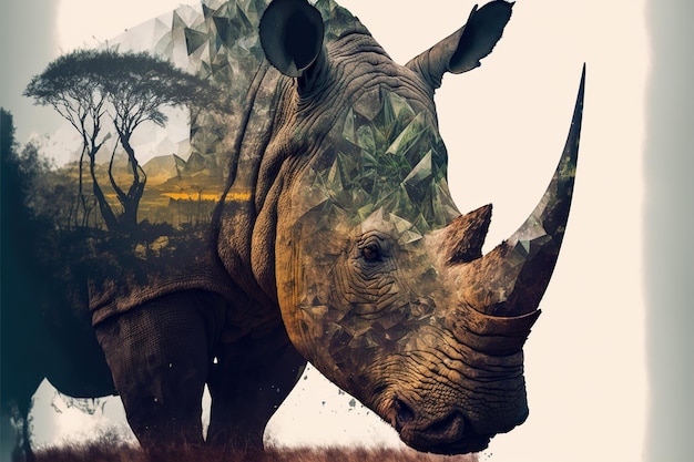 Rhinocéros blanc dans l'eau potable de paysage de savane de l'étang