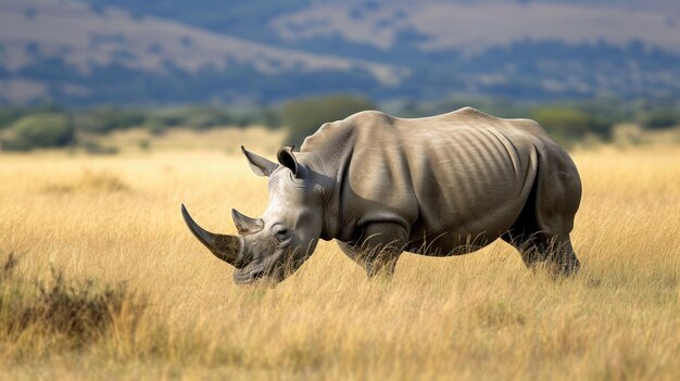 Un rhinocéros blanc qui paît dans un champ d'herbe