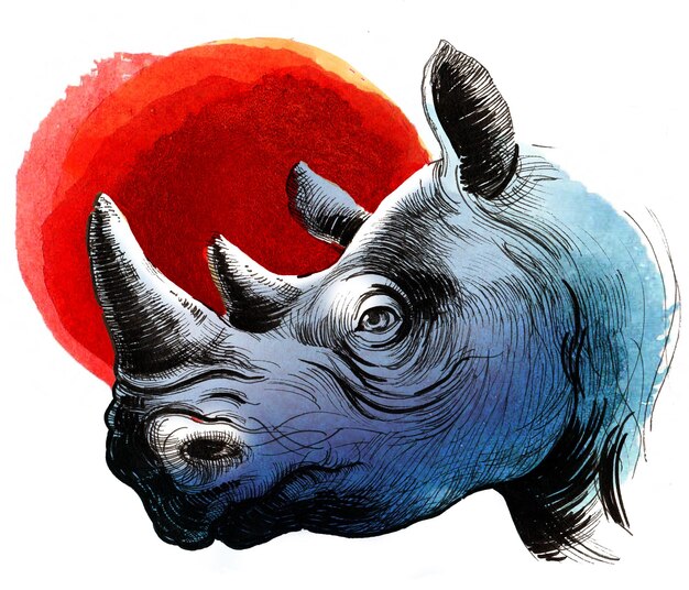 Rhinocéros bleu et soleil rouge Peinture à l'aquarelle dessinée à la main