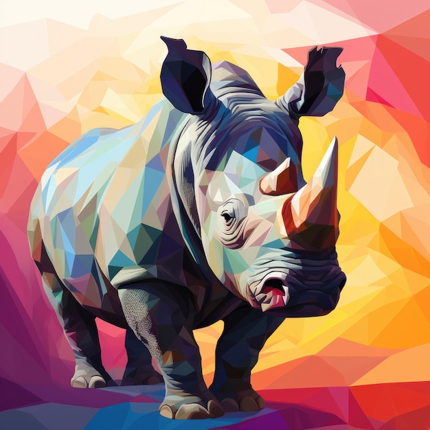 Le rhinocéros coloré est représenté sur un fond gris de style poly bas.