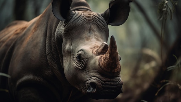 Un rhinocéros dans une forêt avec un fond sombre