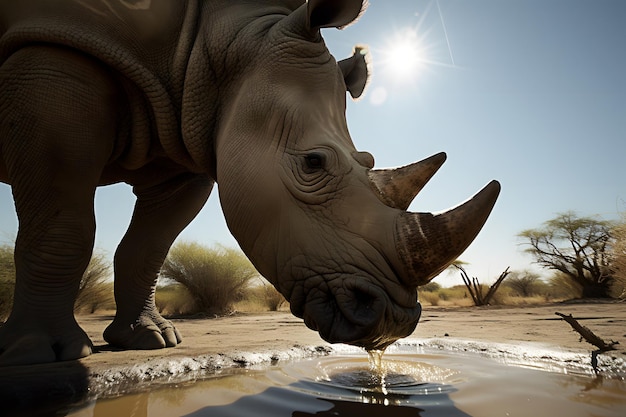 Rhinocéros debout sur la rive d'une rivière africaine et buvant au point d'eau en pleine chaleur Rhino sur un point d'eau