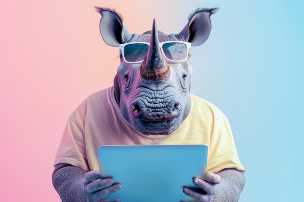 Photo rhinocéros drôle avec un ordinateur portable sur un fond rose et bleu pastel concept éducatif pour enfants