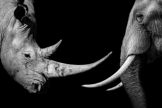 Un rhinocéros avec une grande défense est représenté sur un fond noir.