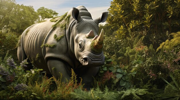 Photo un rhinocéros hyperréaliste dans un paysage de jungle