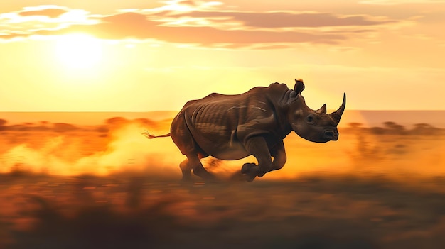 Rhinocéros majestueux au coucher du soleil faune africaine en mouvement contre un ciel de feu image dynamique puissante adaptée à diverses utilisations IA