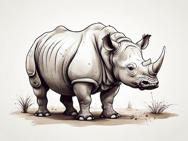 Un rhinocéros mignon dessiné à la main, un safari d'animaux, un arrière-plan blanc isolé.