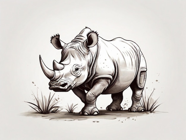 Photo un rhinocéros mignon dessiné à la main, un safari d'animaux, un arrière-plan blanc isolé.