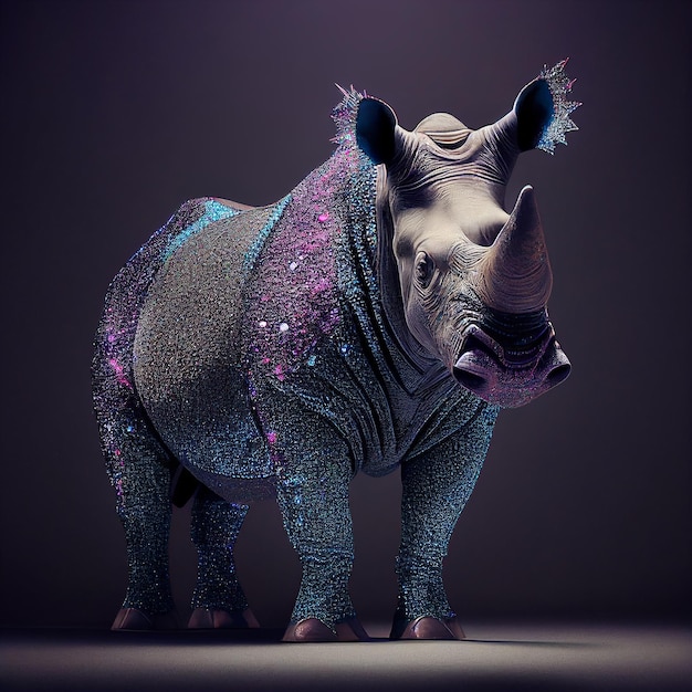Un rhinocéros avec des paillettes dessus est peint en violet et bleu.