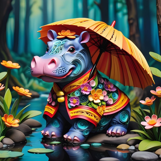 un rhinocéros avec un parapluie et des fleurs dessus