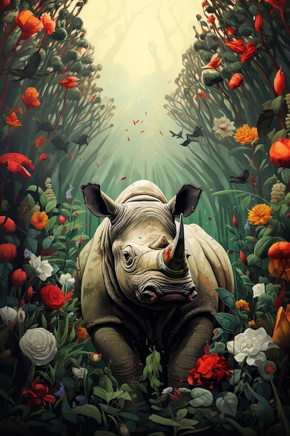 Photo un rhinocéros avec un rhinocéro sur le dos est assis dans une jungle avec des fleurs et des papillons.