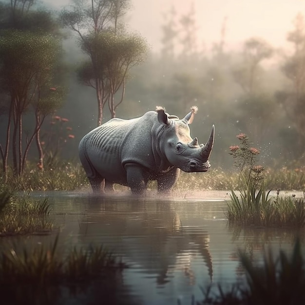 Un rhinocéros se tient dans un étang avec des arbres en arrière-plan.