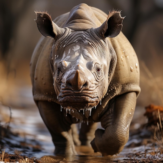 un rhinocéros avec un visage blanc et des oreilles et un nez noir