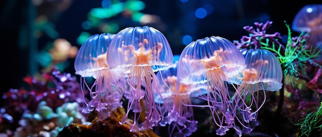 Rhizostoma pulmo parfois appelé méduse de tonneau dans un aquarium à lumière bleue