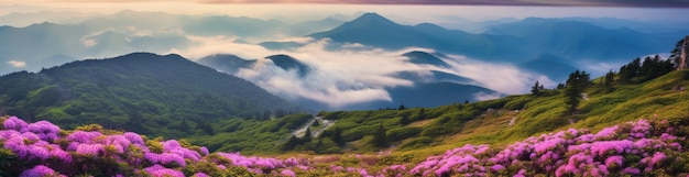 Le rhododendron florissant au milieu des hautes montagnes dépassant le voile des nuages le mur captivant