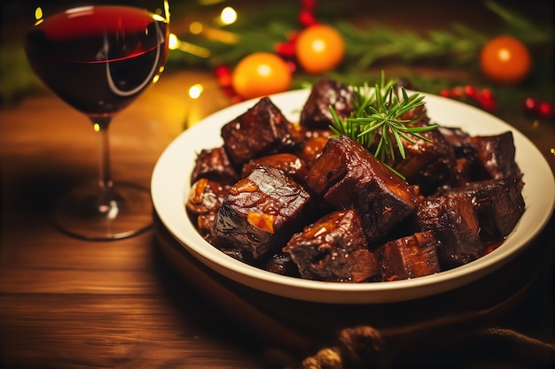 Ribes courtes braisées avec du vin pour le dîner de Noël sur la table en bois et la décoration de Noël