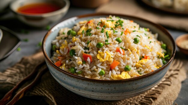 Rice aux œufs frits contre une maison chinoise traditionnelle