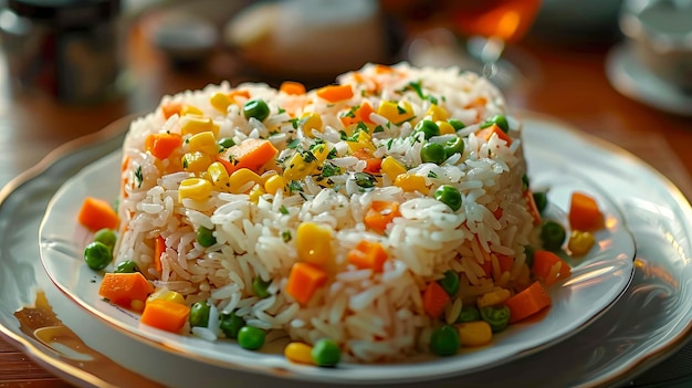 Photo rice avec carottes, pois verts et persil sur une assiette