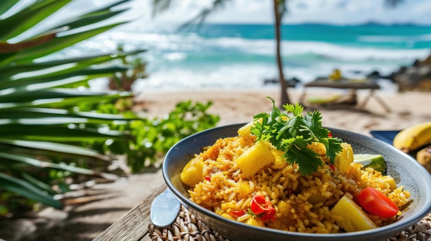Rice frit à l'ananas sur un décor de plage tropicale