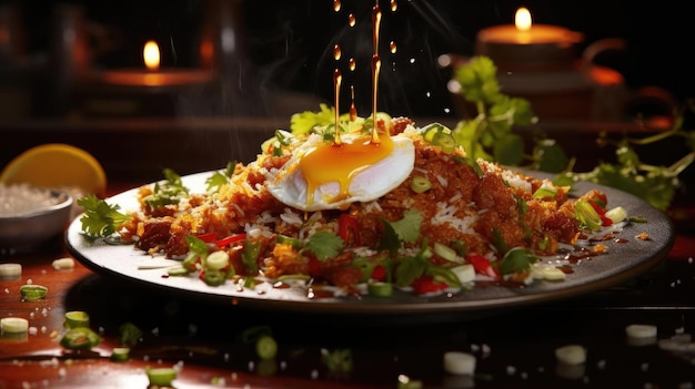 Rice frit avec des légumes hachés et de la viande sur une assiette avec un fond flou