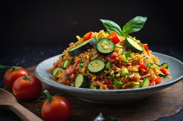 Photo rice frit à la ratatouille française avec des courgettes