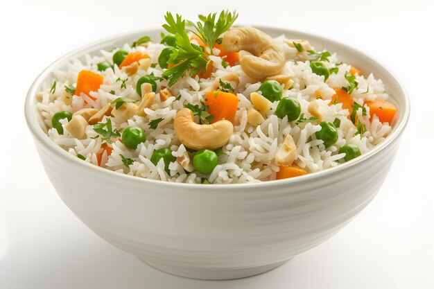 Rice avec des noix de cajou et des pois servis dans un bol