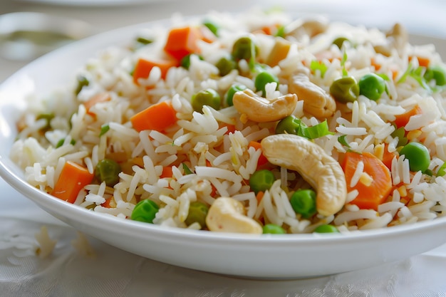 Rice avec des noix de cajou et des pois servis dans un bol