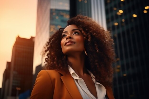 Une riche femme d'affaires noire prospère se tient sur une rue avec des gratte-ciel modernes d'une grande ville à