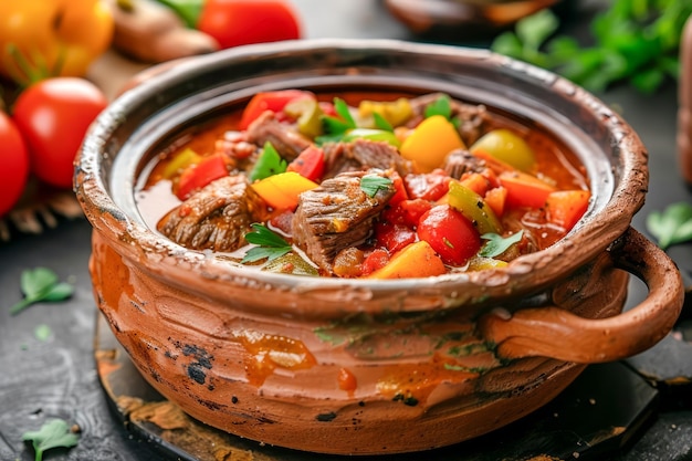 Riche ragoût de bœuf fait maison avec des légumes dans un pot d'argile rustique sur un fond sombre