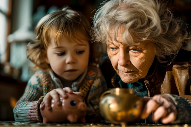 La richesse générationnelle enseigne aux enfants la valeur de l'épargne avec la poche de grand-mère