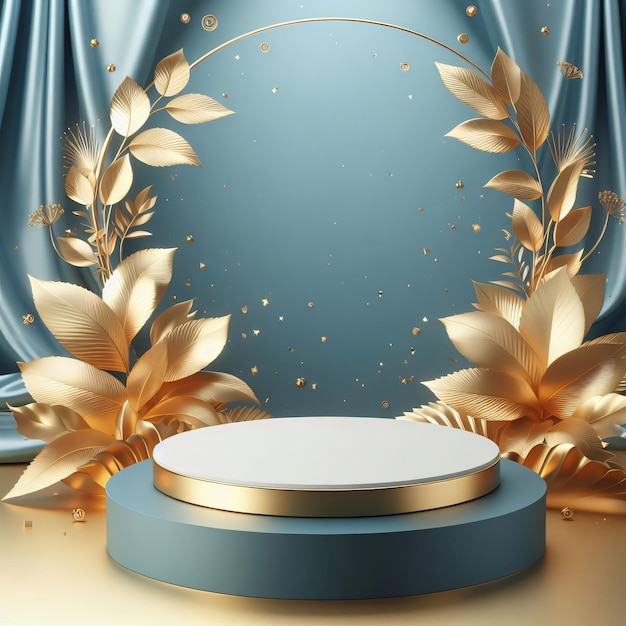 Photo un rideau bleu avec des feuilles d'or et une boîte blanche avec une feuille d'or dessus