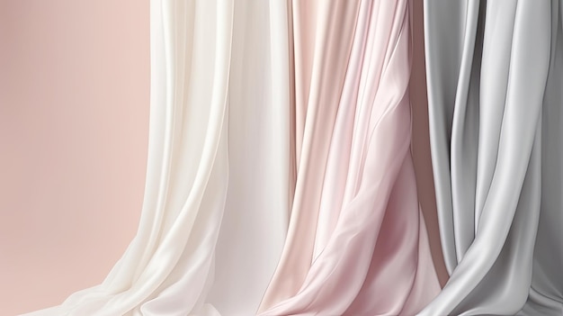 Un rideau rose et blanc avec un rideau bleu dans le coin.