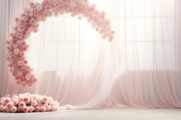 un rideau rose avec un cadre blanc et des roses roses sur le côté droit.
