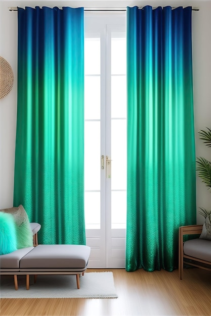 Rideau de teinture à cravate dégradé bleu turquoise, ombre de grille de fenêtre au soleil sur un mur vert pastel