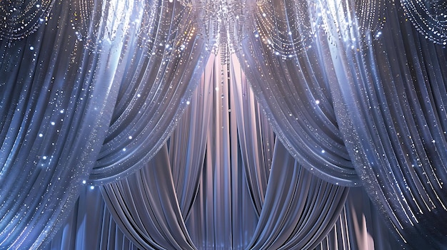 Des rideaux de luxe argentés et bleus scintillants avec des perles de cristal