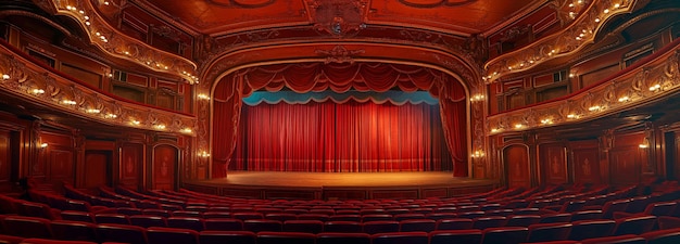 Des rideaux rouges et une scène éclairée ornent un théâtre vide.